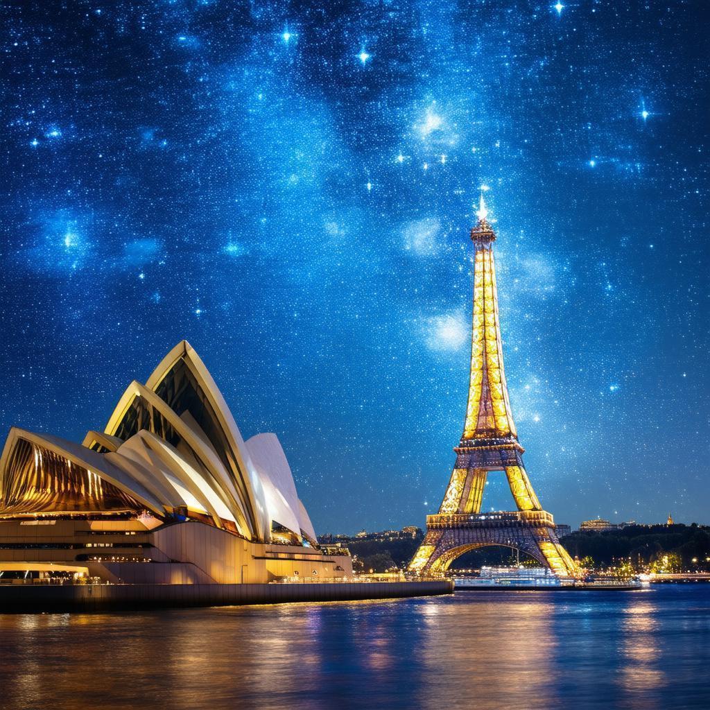 Opera House And Eiffel Tower Starburst Night
