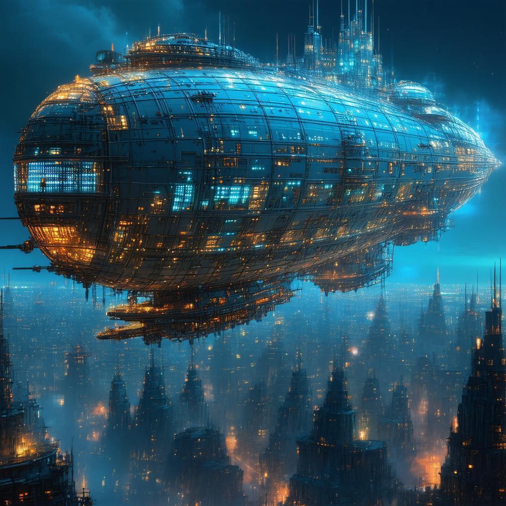 Colossal Neon Airship Over Dystopian City