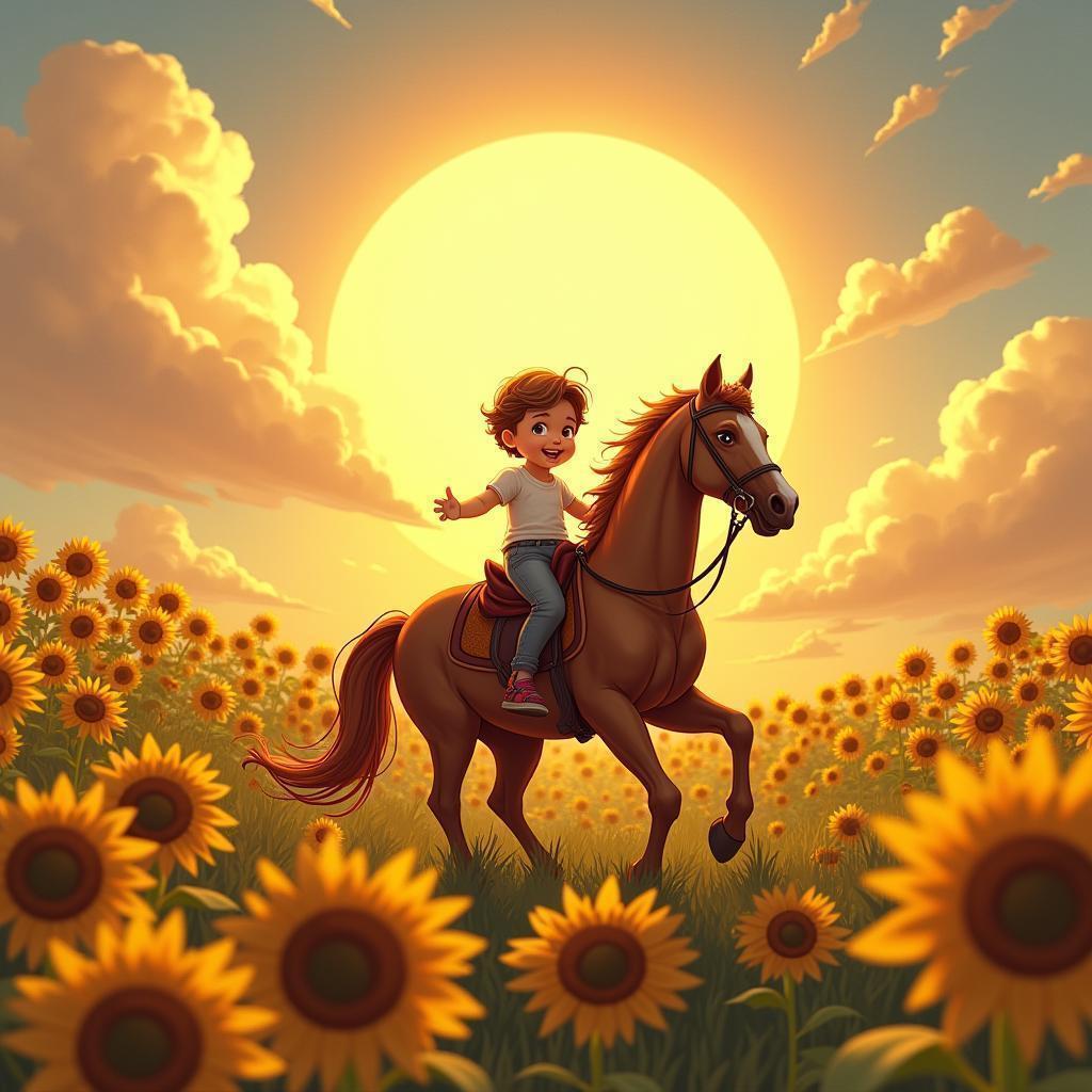 Joyful Toddler On Horseback Under Glowing Sun