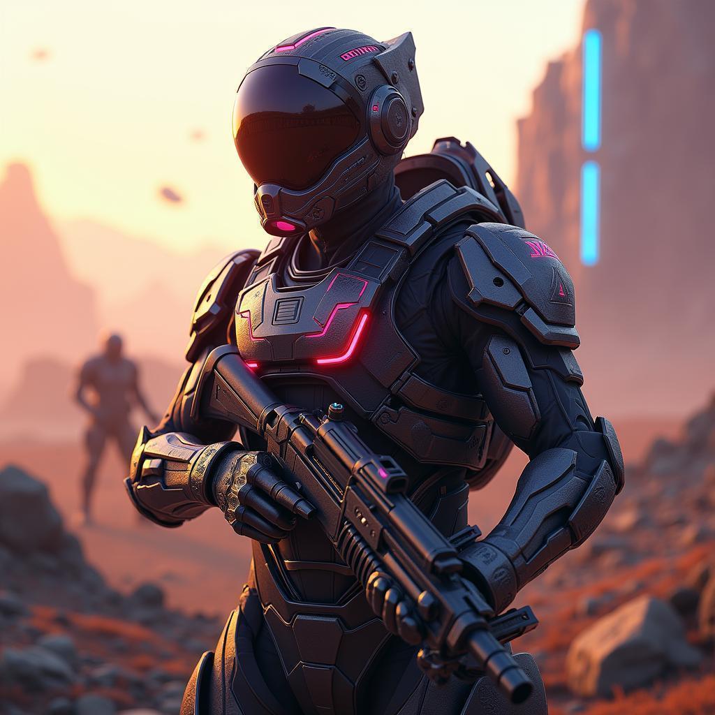 Digital Soldier On Neon Future Battlefield