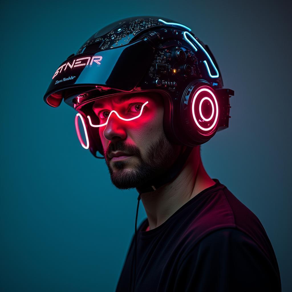 Determined Gaze Beneath Glowing Neonpunk Helmet