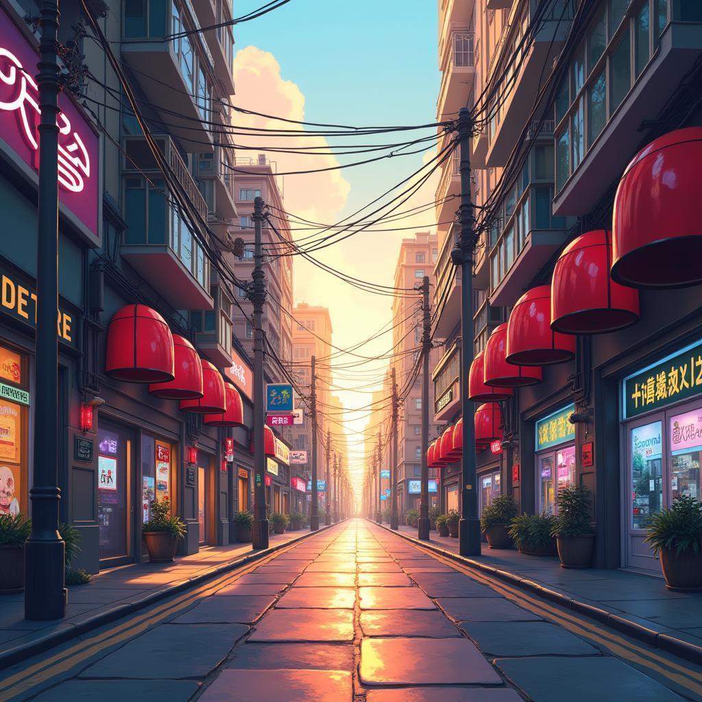 Elegant Anime Street In Cyberpunk City