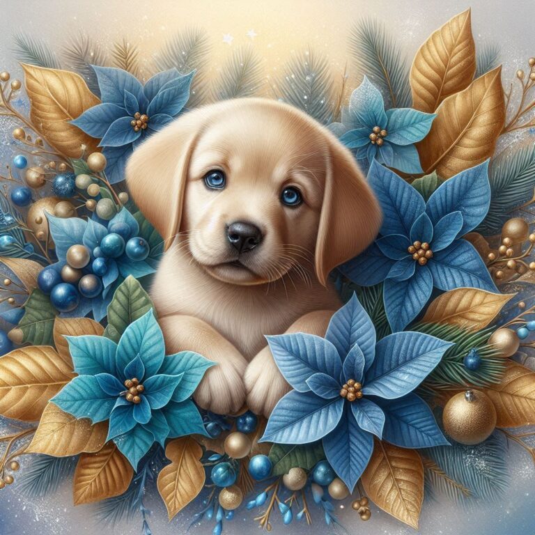 Whimsical Golden Lab Puppy with Poinsettias