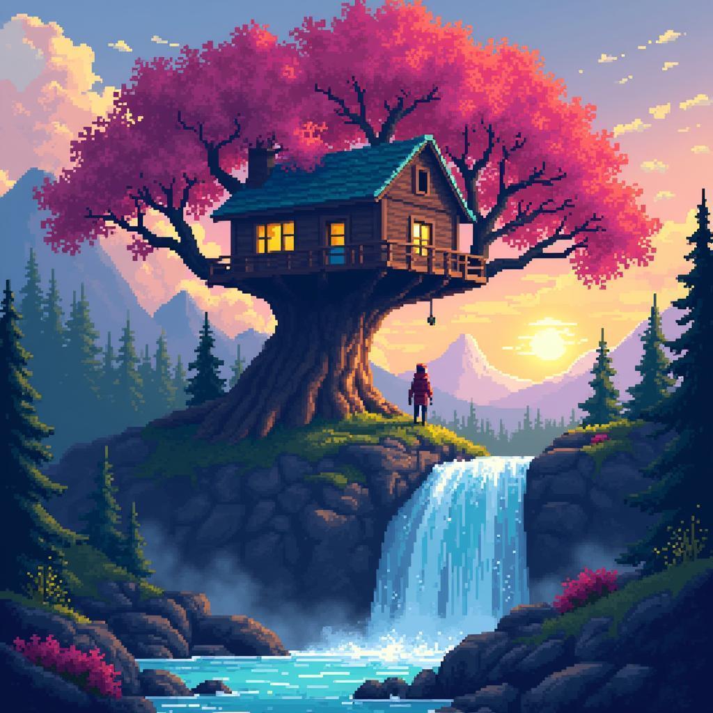 Pixel Treehouse In Neon Blue Tree