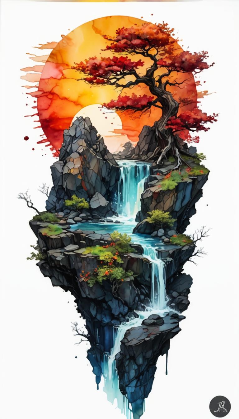 Stylized Alcohol Ink Landscape with Red Tree