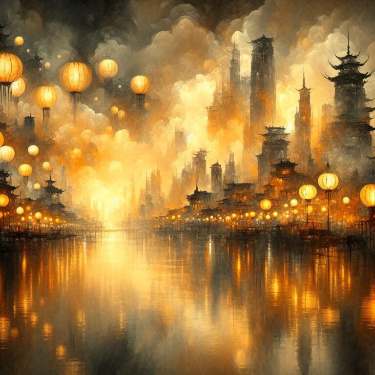 Sumi-E Painting of Lantern Illuminated City