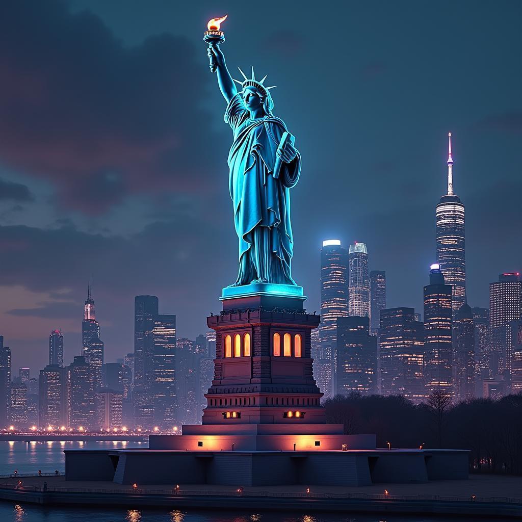 Neon Statue Of Liberty In Cyber City