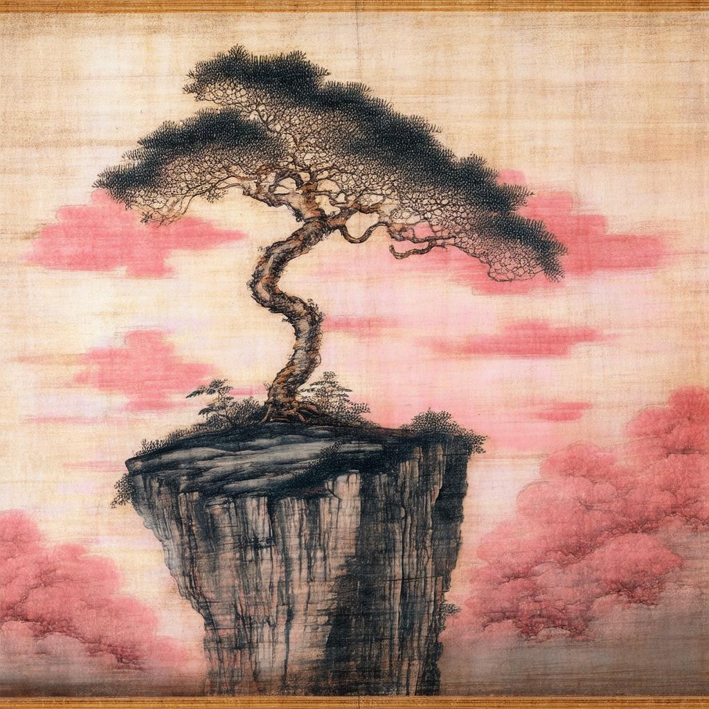 Fresco Tree On Cliff Amid Crimson Clouds