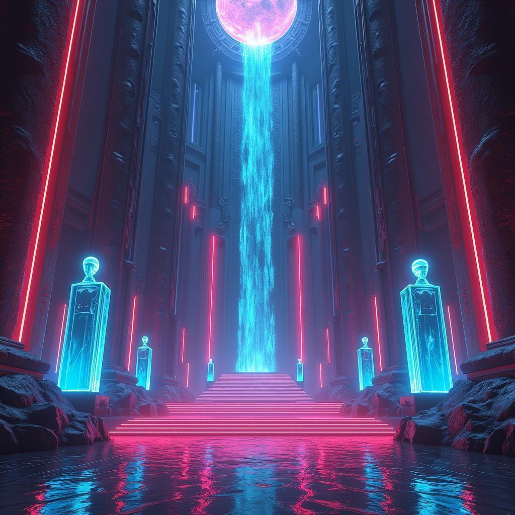 Neon Sci Fi Temple With Deco Statues