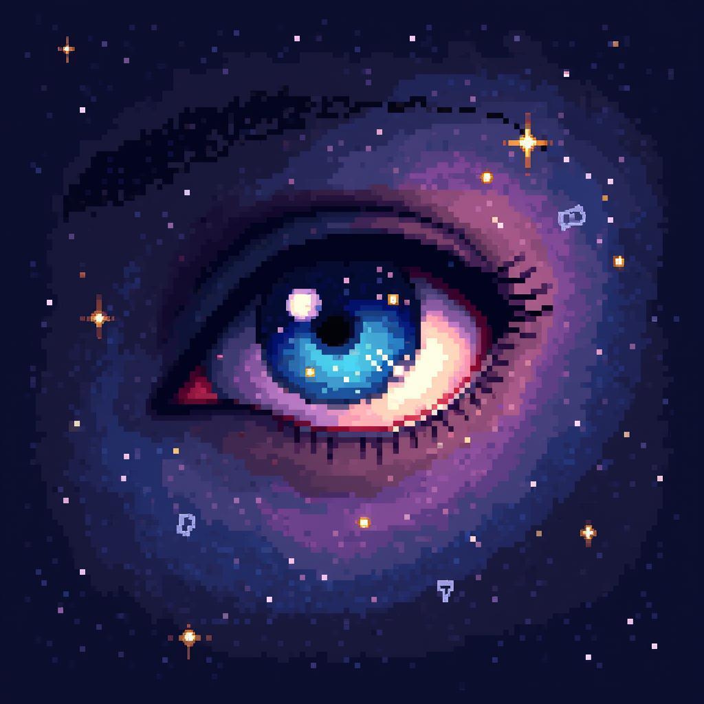 Pixelated Blue Eye Amid Starry Galaxy
