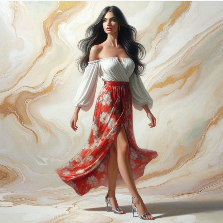 Beautiful Woman in Red Flower Dress Painting