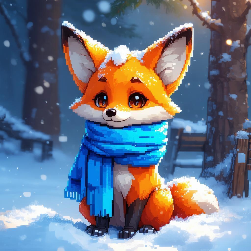 Pixel Fox In Blue Scarf Amid Snow