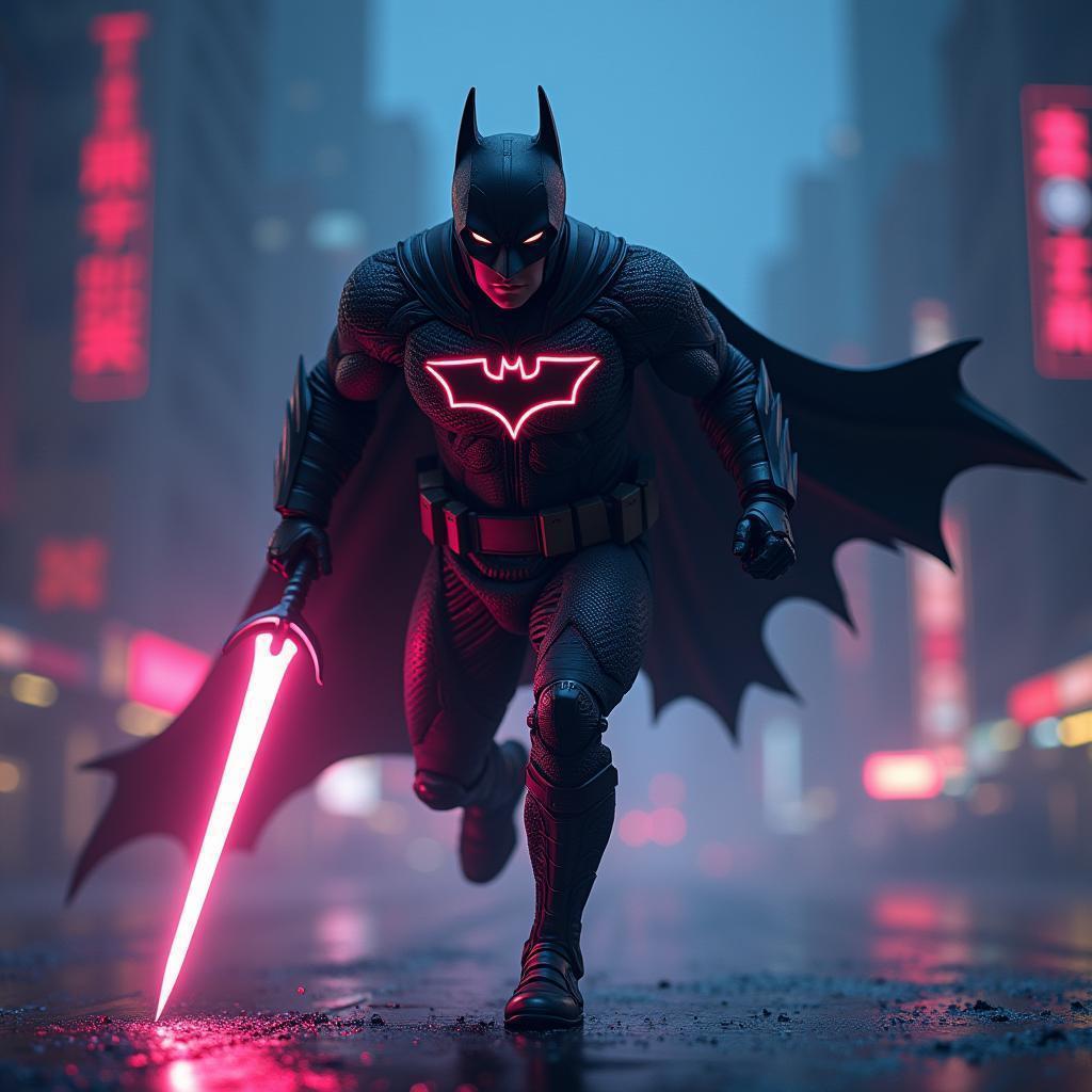 Digital Bat Knight Charging Through Neon