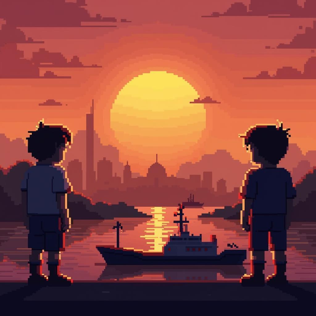 Pixel Silhouettes Against Harbor Sunset
