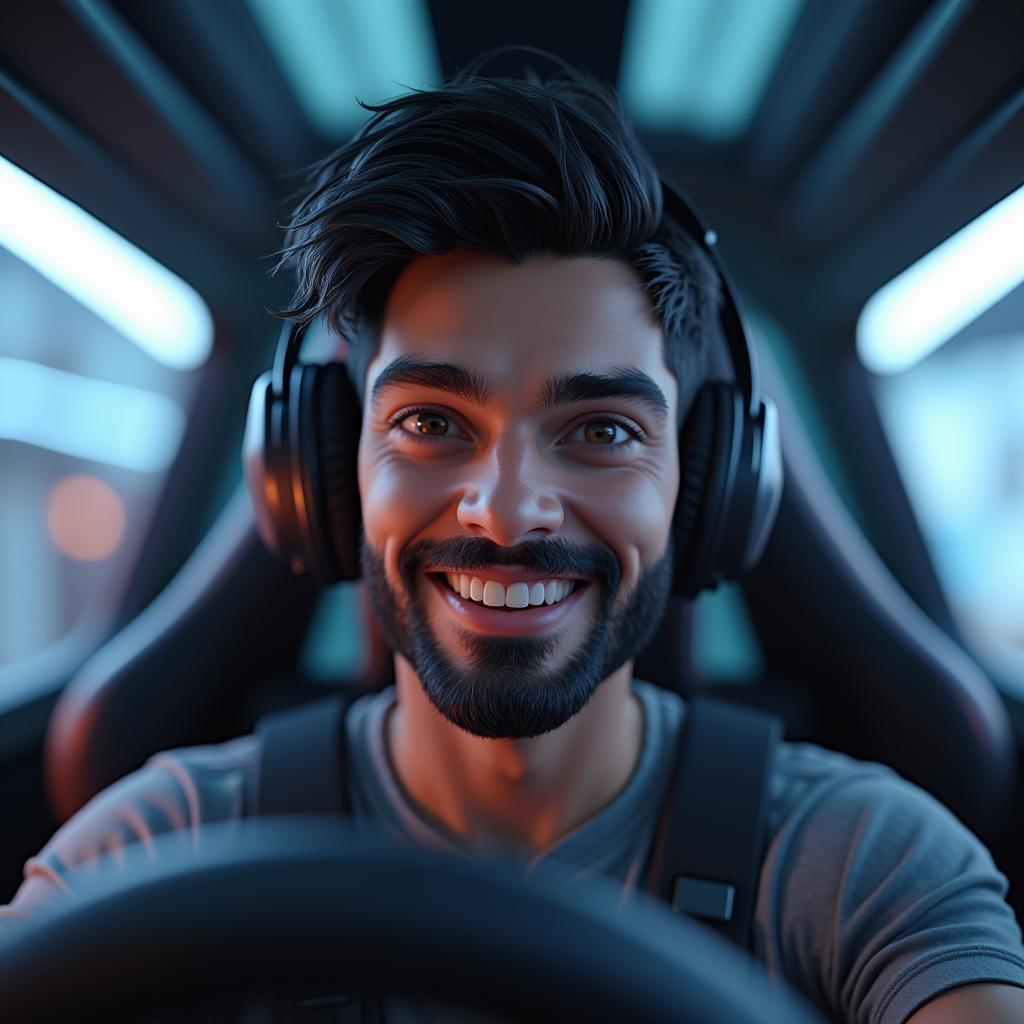 Smiling Gamer In Futuristic Cockpit