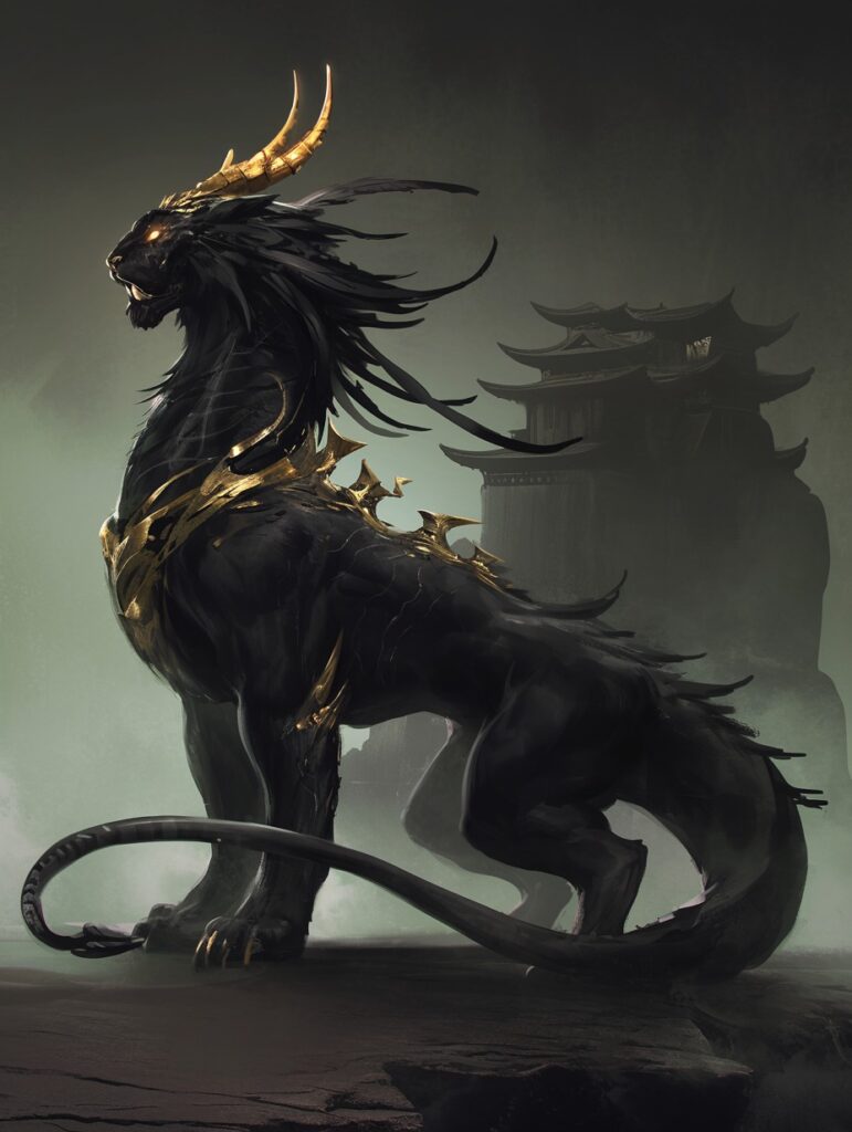 Majestic Panther-Dragon Hybrid in Misty Temple