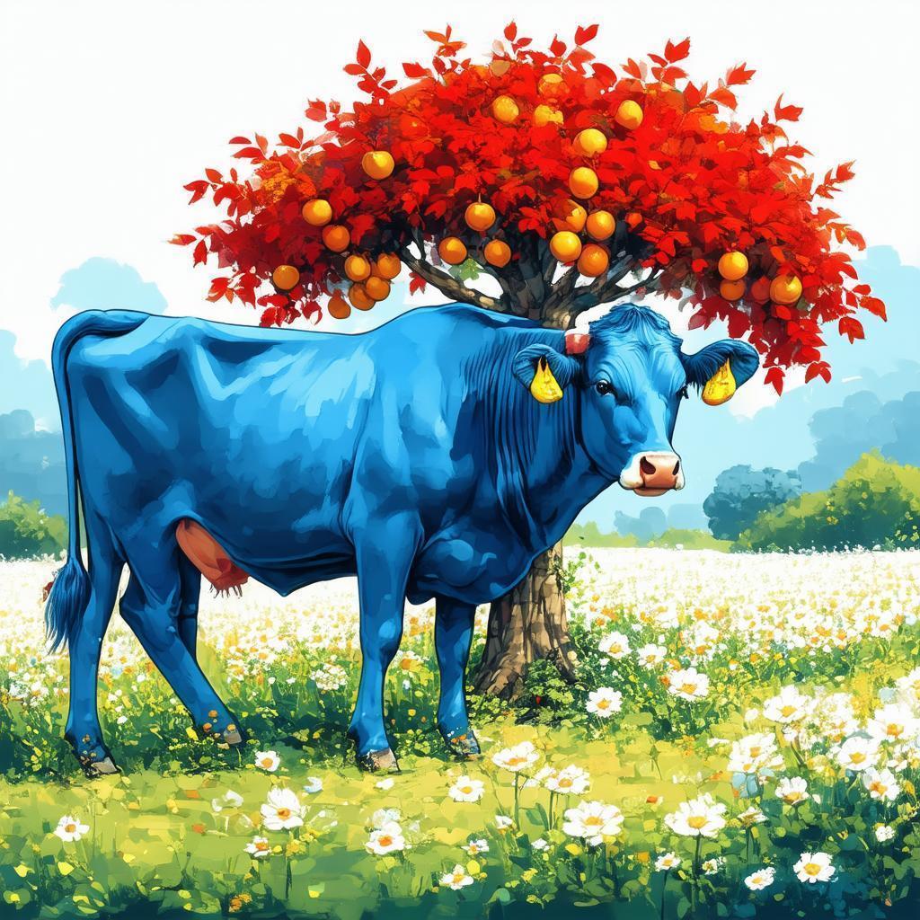 Blue Cow Beneath Red Leafed Tree