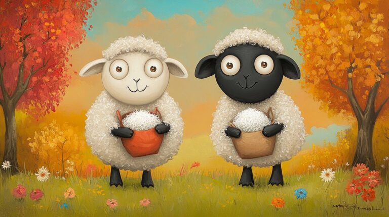 Whimsical Sheep Holding Wool in Fall Field