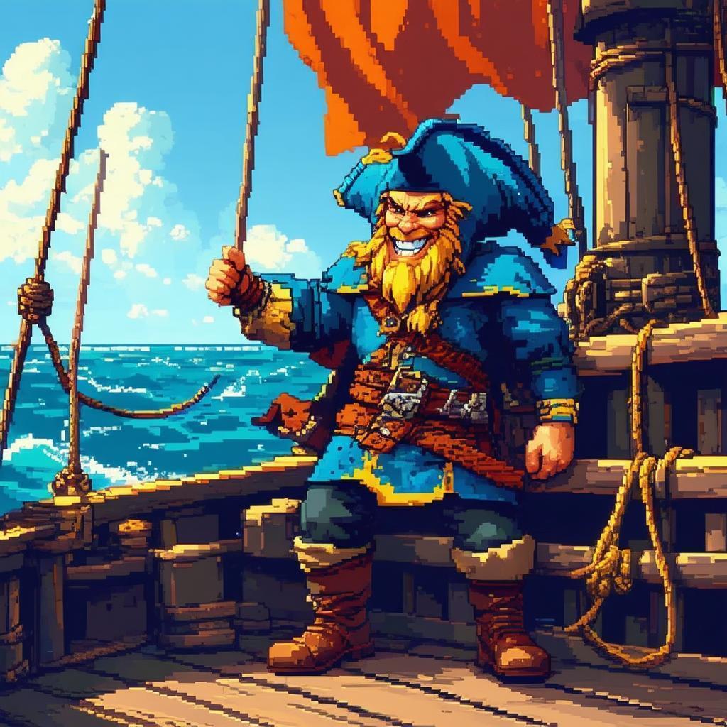 Grinning Pixel Rogue On Ship Deck