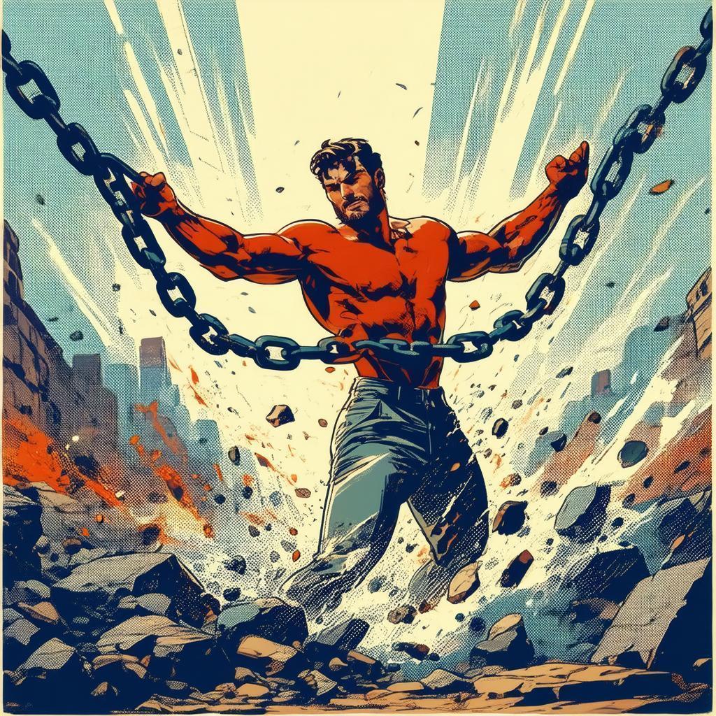 Heroic Figure Breaking Free From Chains