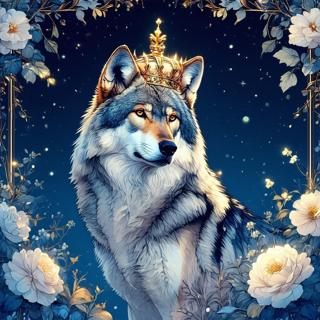 Gold Crowned Wolf In Floral Frame