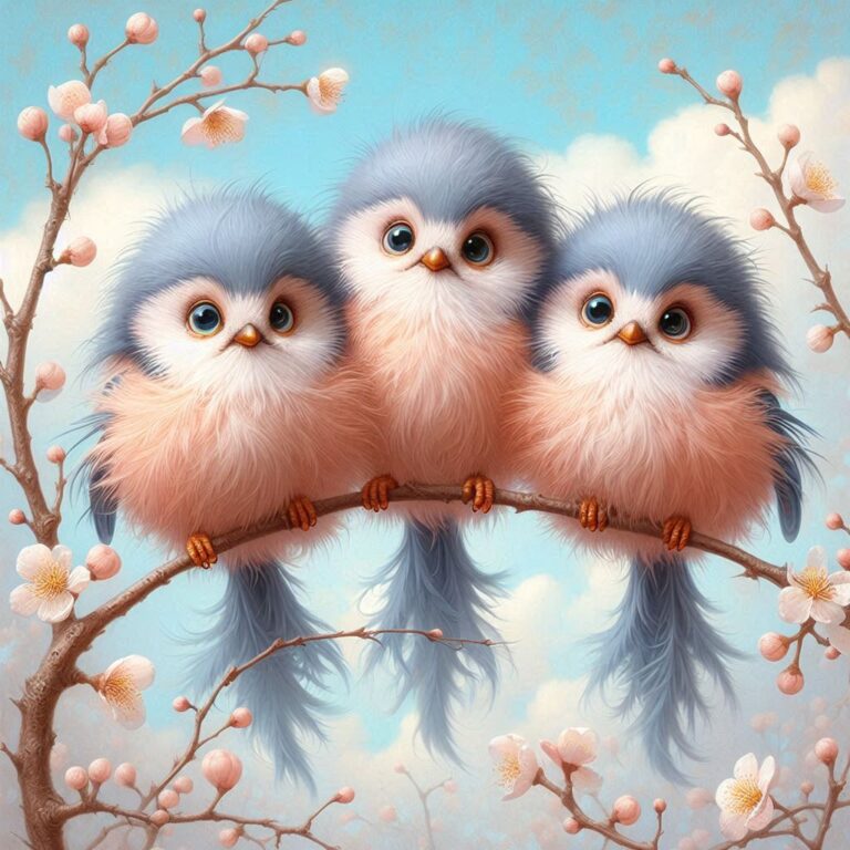 Three Fluffy Birds on Spring Branch