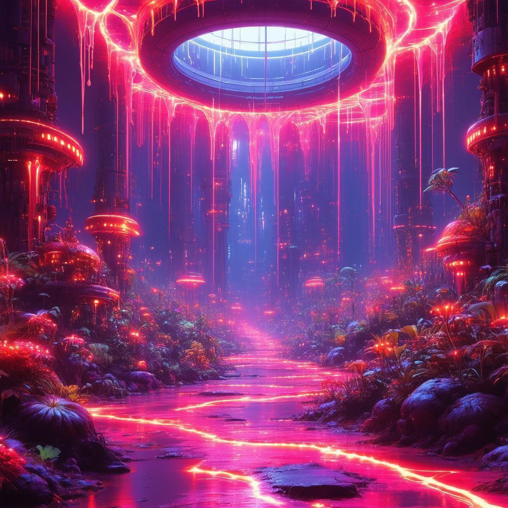 Eerie Neon Garden Beneath Glowing Dome