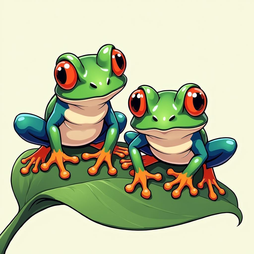 Two Vivid Manga Frogs On Leaf