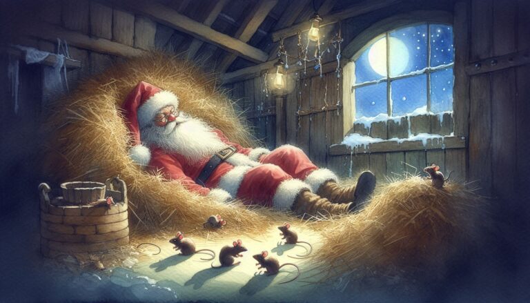 Santa Sleeping in Barn with Dancing Mice