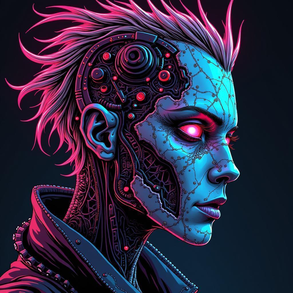 Ancient Neon Vampire With Cybernetic Details