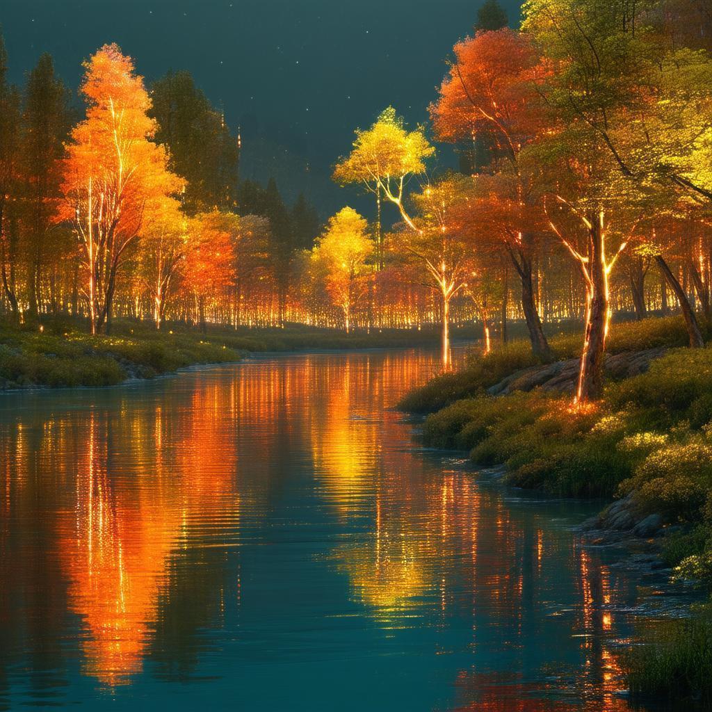 Glowing Neon Trees Along Serene Riverbank