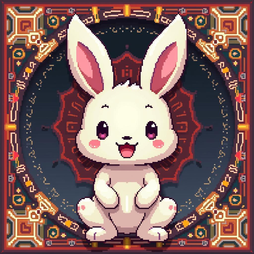Smiling Pixel Rabbit With Oriental Patterns