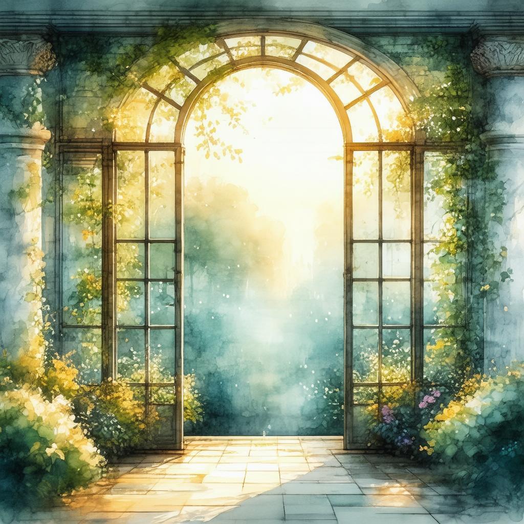 Arched Window Framing Garden Sunset