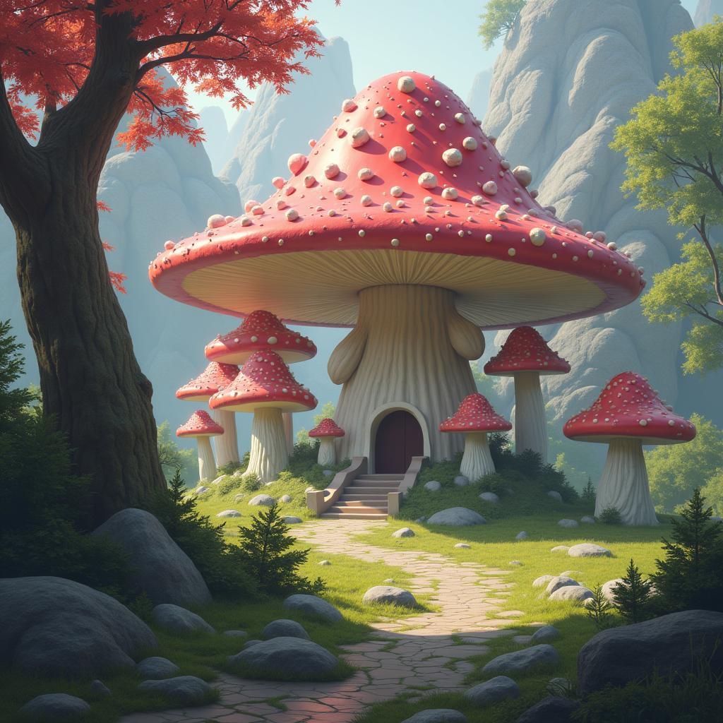 Sunlit Mushroom Temple In Fantasy Detail
