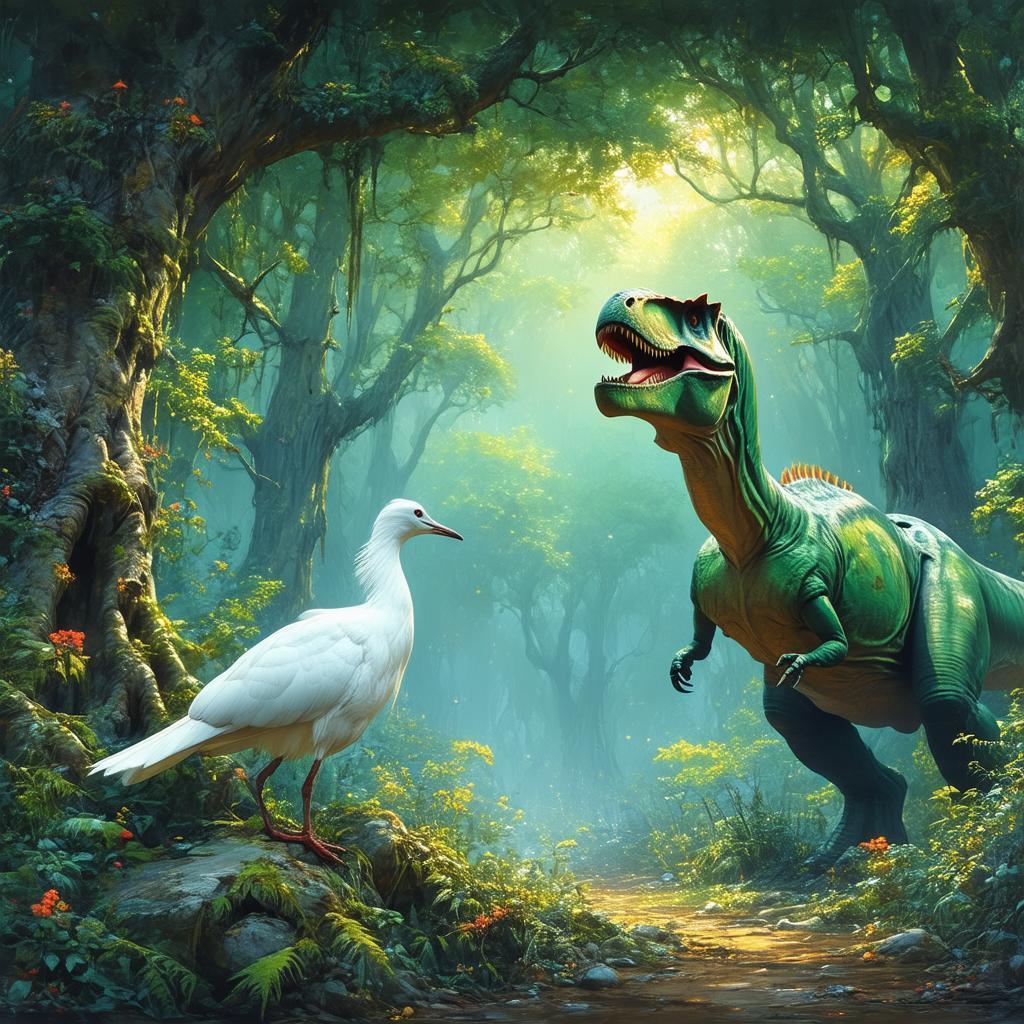 White Bird Facing Ancient Enchanted Dinosaur