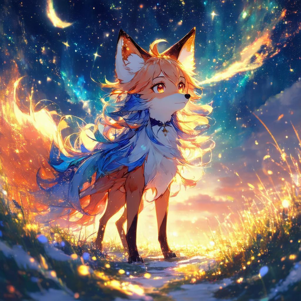 Anime Fox Beneath Swirling Starlit Sky