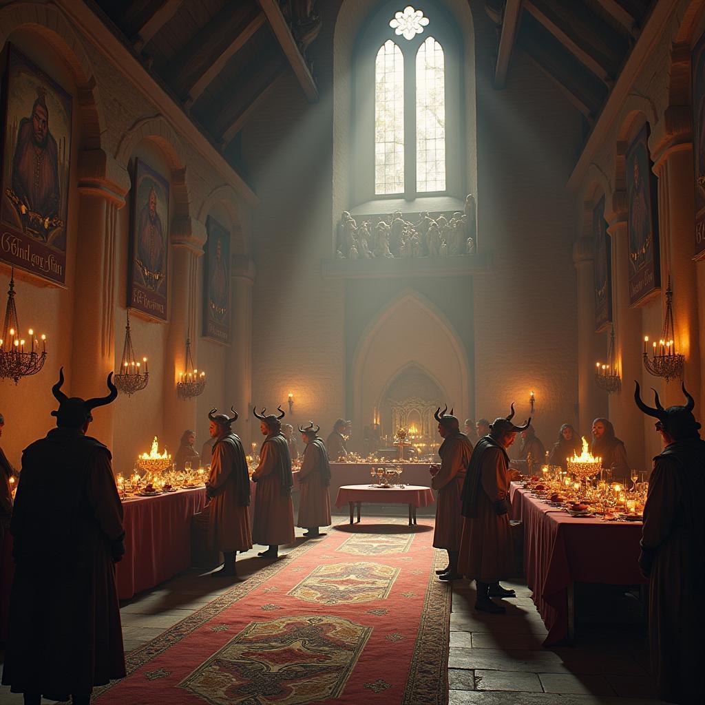 Horned Figures Feasting In Medieval Hall