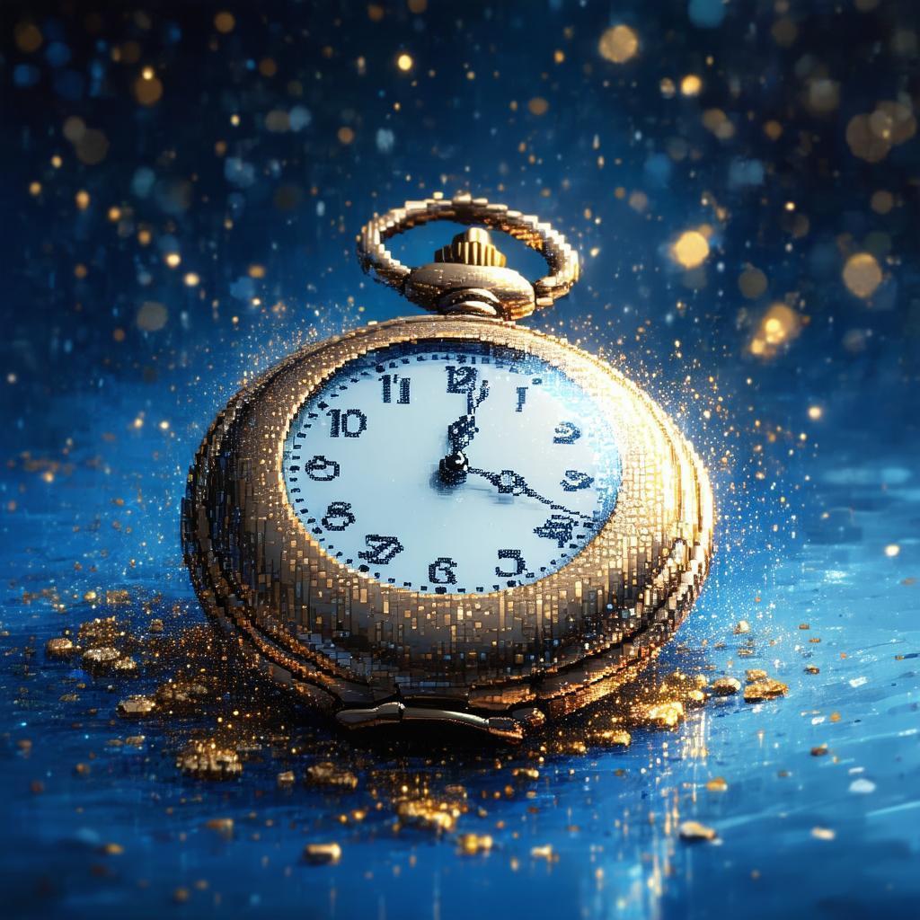 Golden Pixel Pocket Watch Afloat In Blue