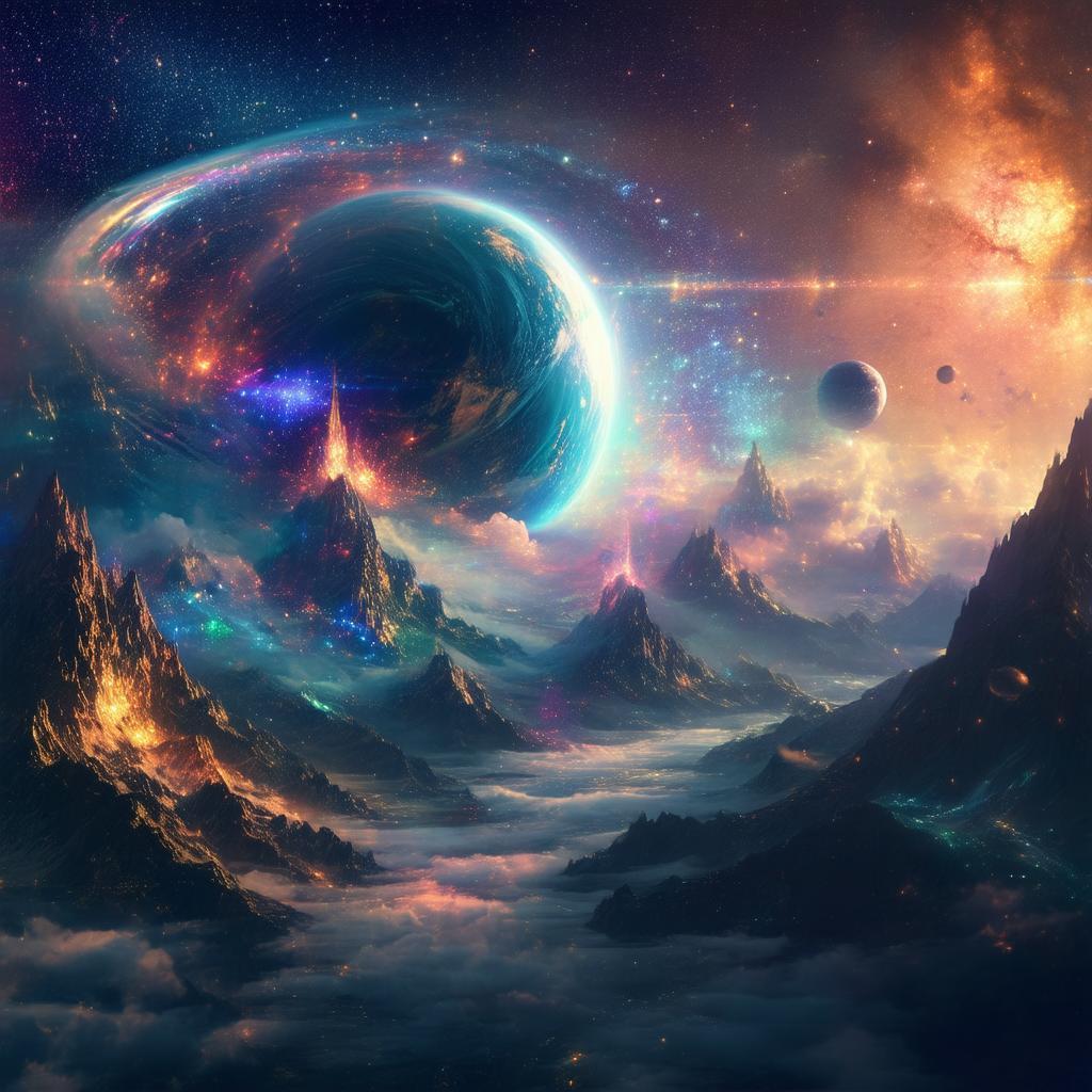 Swirling Planet Amid Luminous Orbiting Worlds