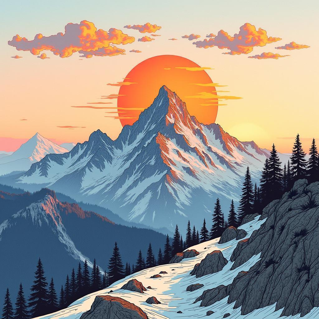 Technical Mountain Sunset With Fiery Skies