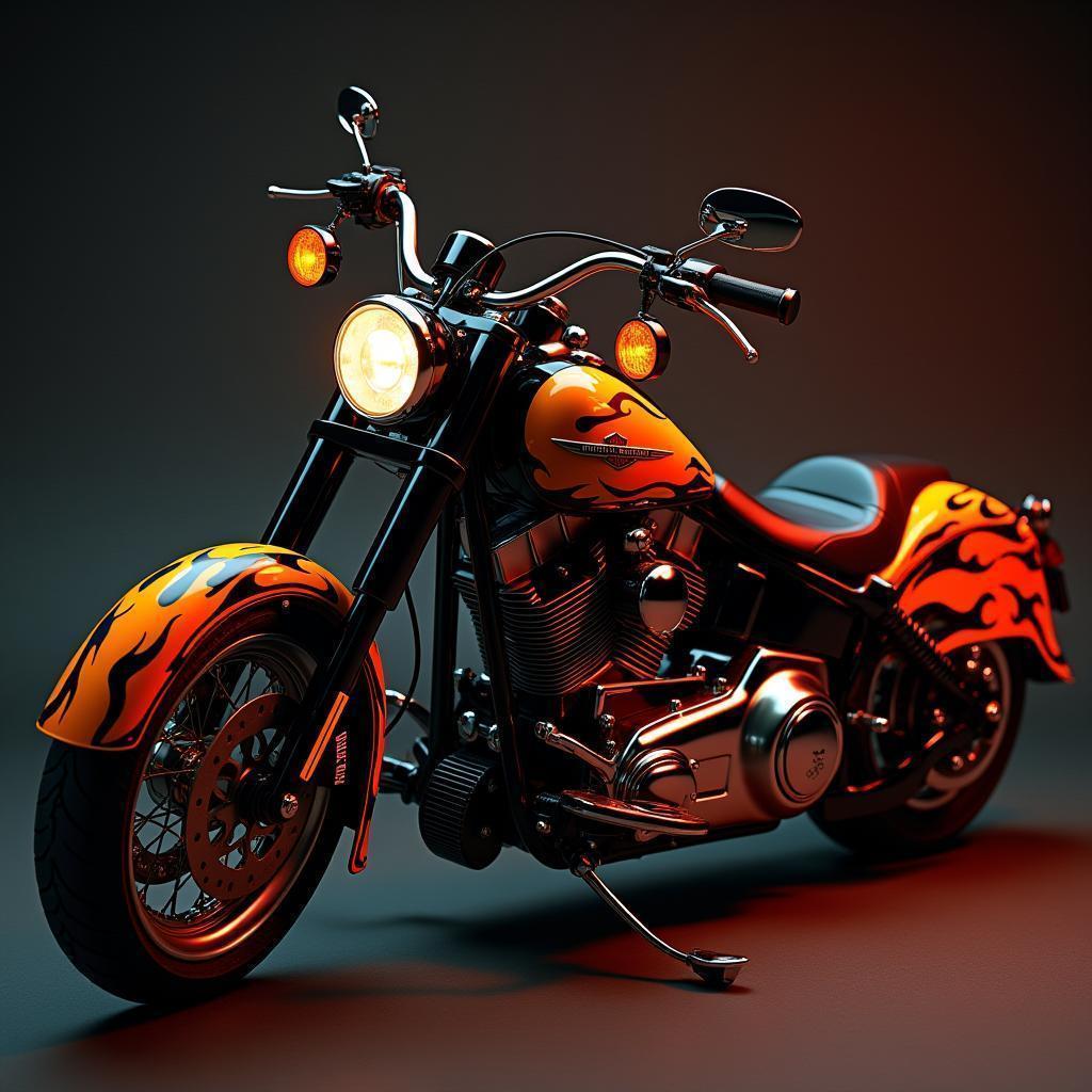 Flame Decaled Harley In Cinematic Light