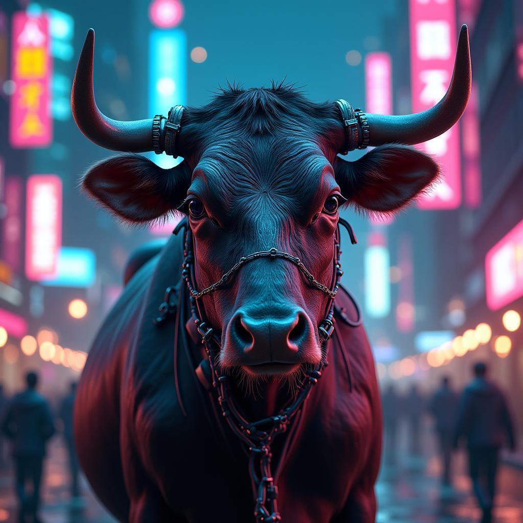 Cybernetic Cow In Neonpunk Cityscape