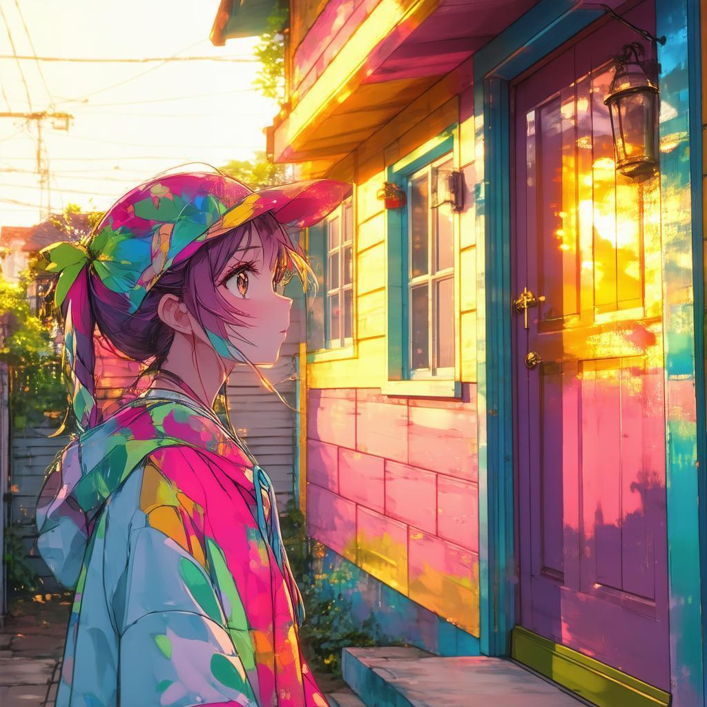 Anime Woman Gazing At Colorful House