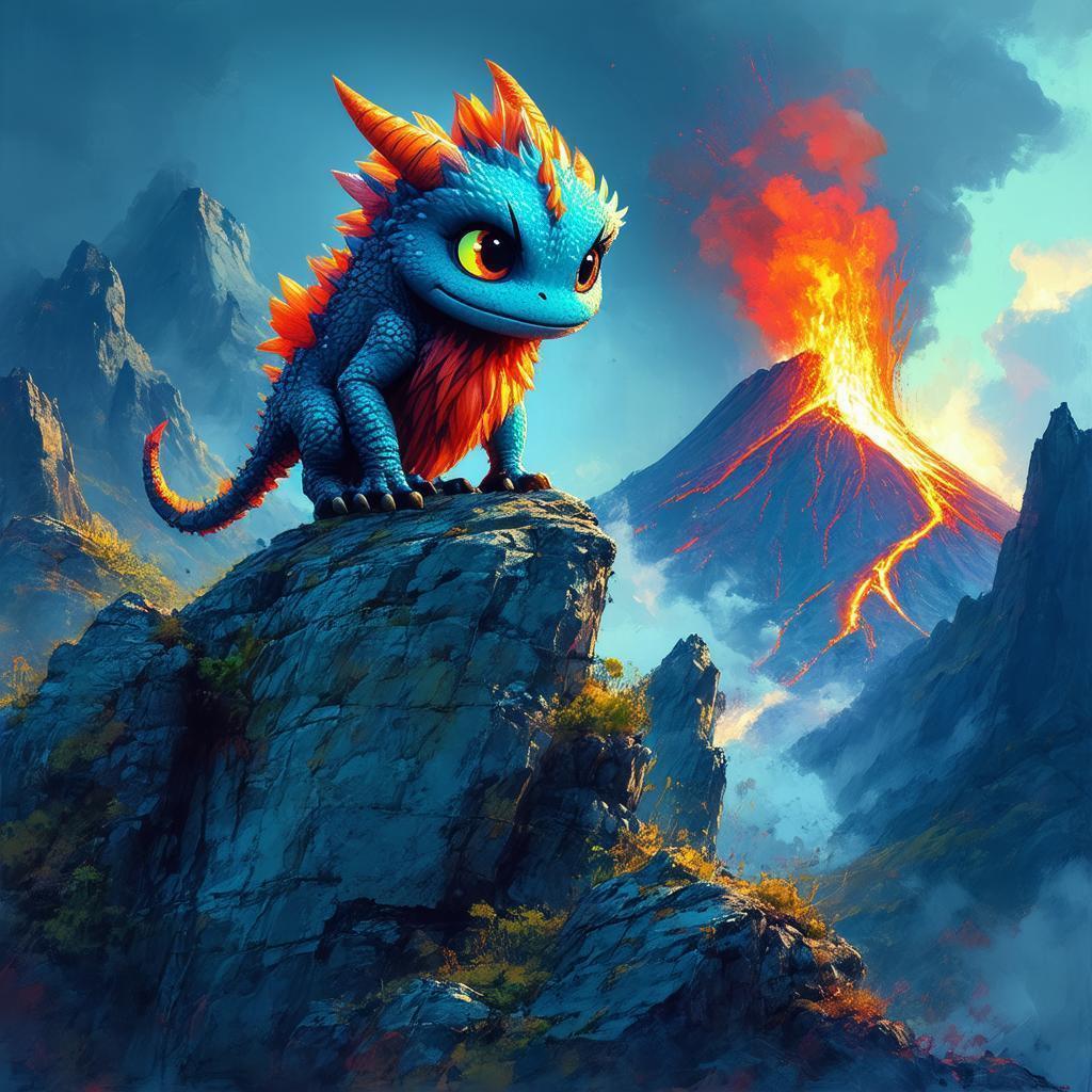 Cute Monster Perched Before Erupting Volcano