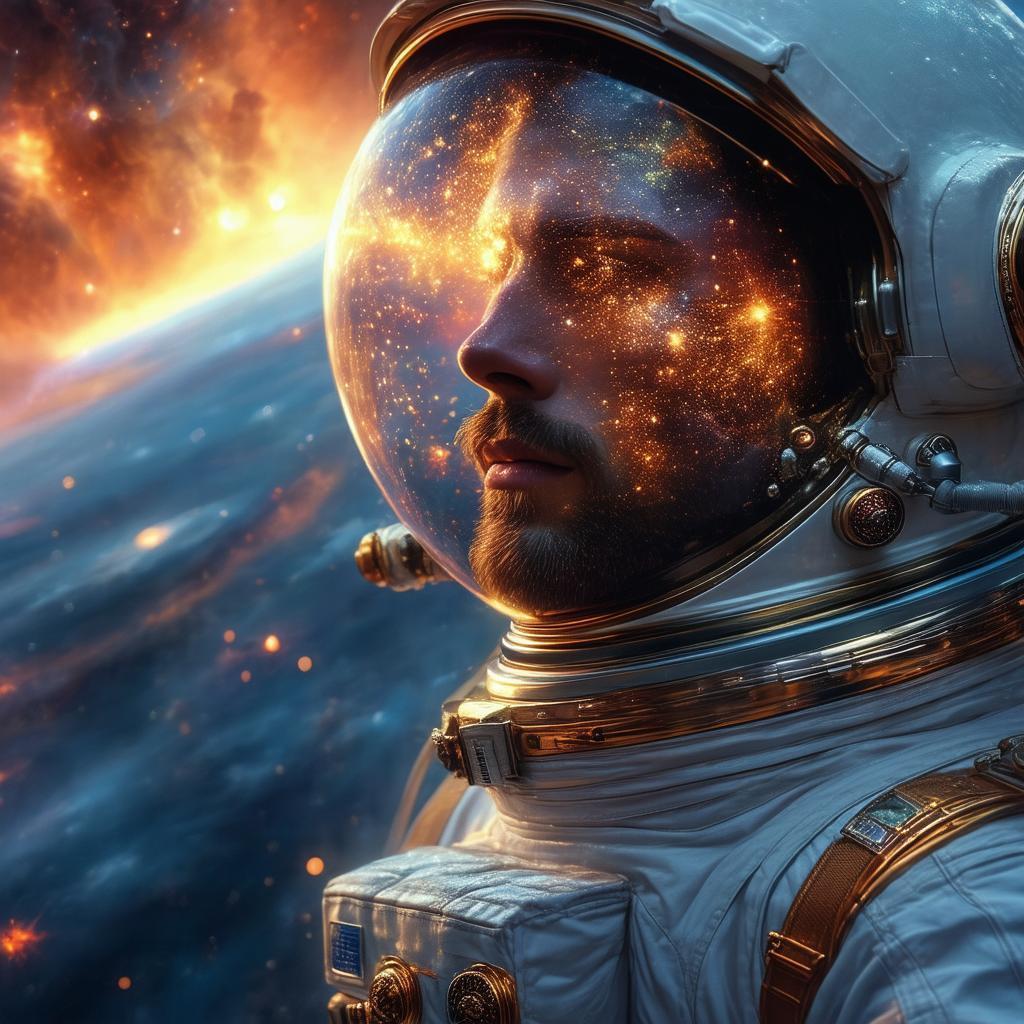 Astronaut in Ornate Helmet Reflecting Celestial Nebulae
