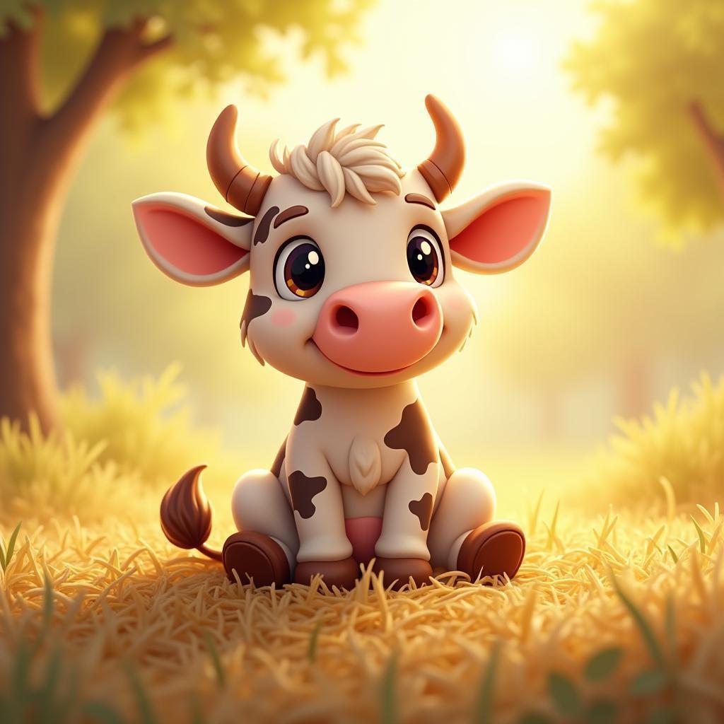 Adorable Cartoon Cow Resting on Golden Hay