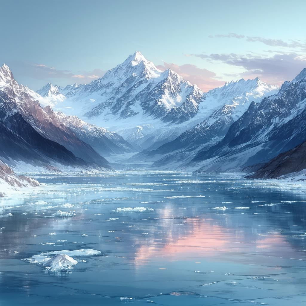 Anime Dusk Over Snowy Mountains and Ice