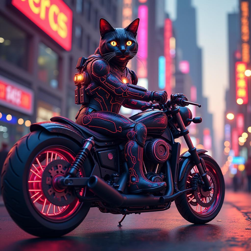 Neon Iron Man Cat Riding a Motorcycle