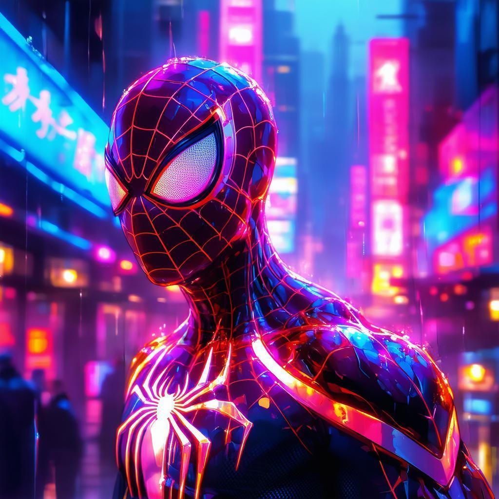 Neon Spider Man Over a Futuristic Cityscape