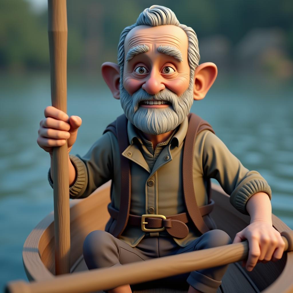 Lifelike 3D Old Man Rowing His Boat